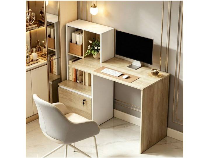 Bureau informatique avec bibliothèque et 4 tiroirs verrouillables - Bureau home office moderne blanc et chêne clair