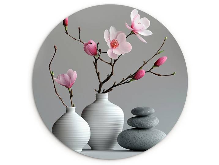 MuchoWow Wandbild Magnolie - Blumen - Rosa - Zen-Steine Wanddeko Schlafzimmer 60x60 cm, Hellgrau, Kunststoff, Rund, 60x60 cm, einfache und schnelle Anbringung, Bilder & Rahmen, Bilder, Sonstige Wandbilder
