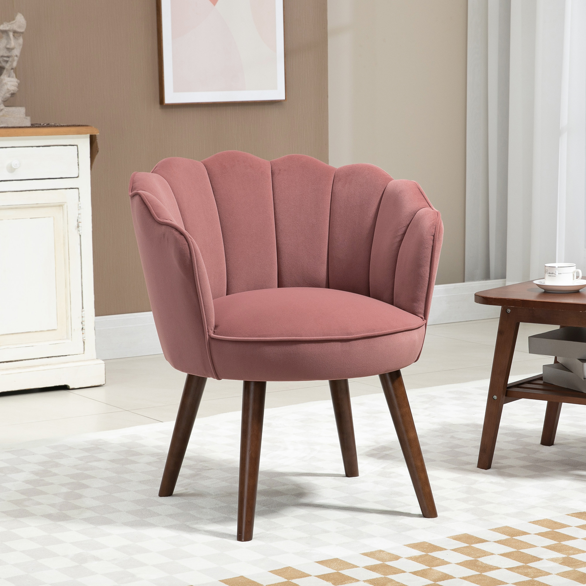 Homcom Poltrona Imbottita con Schienale a Conchiglia e Gambe in Legno, Poltrona in Velluto per Salotto e Camera, 66x66x78.5cm, Rosa