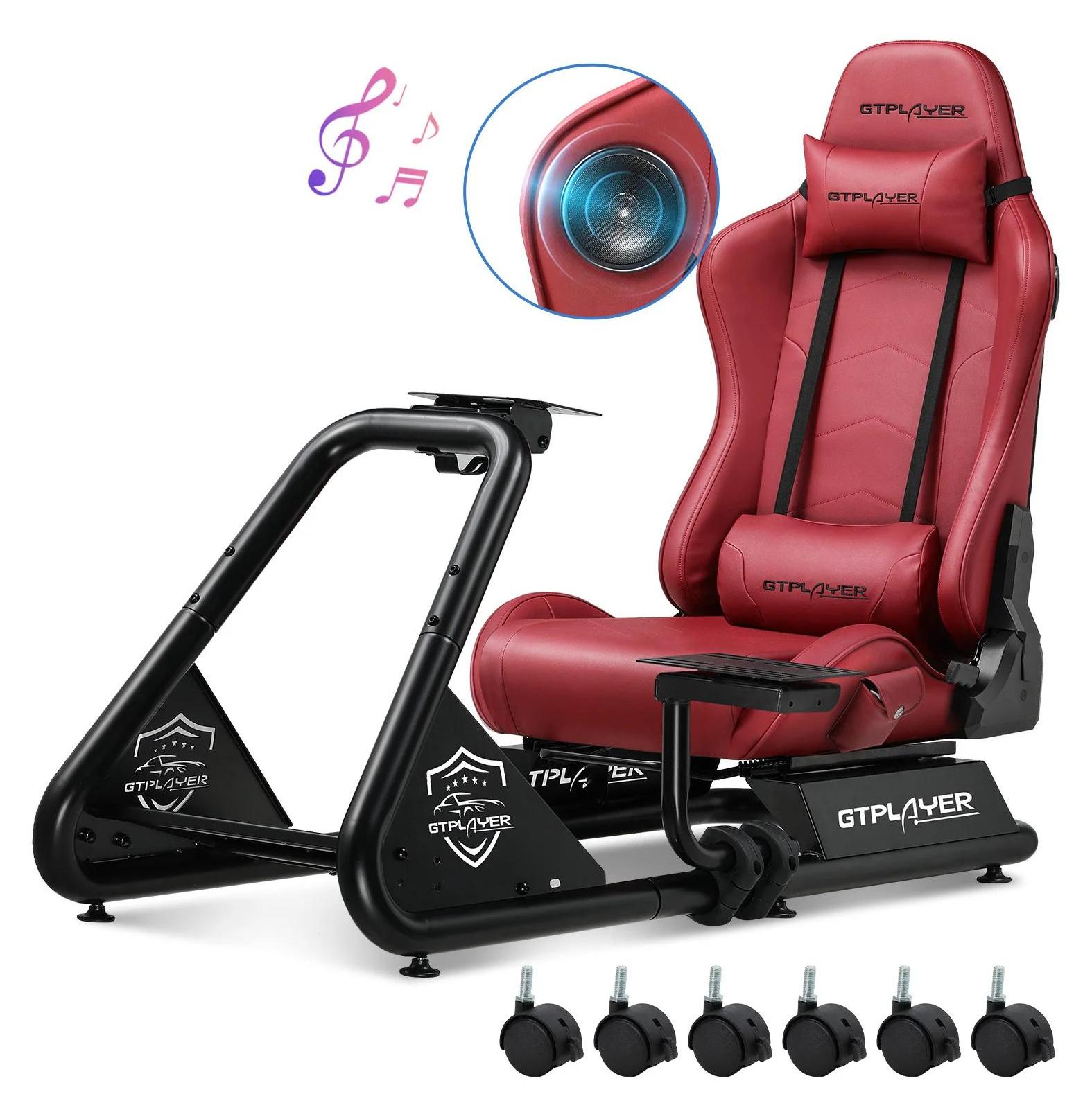 Racing Simulator Cockpit - GTS03 Lenkrad- und Pedalstand - PolyurethanKunstleder Rennsitz - Faltbare Konstruktion - Verstellbare Rückenlehne - Integrierte Lautsprecher - Mit Rollen - Weinrot
