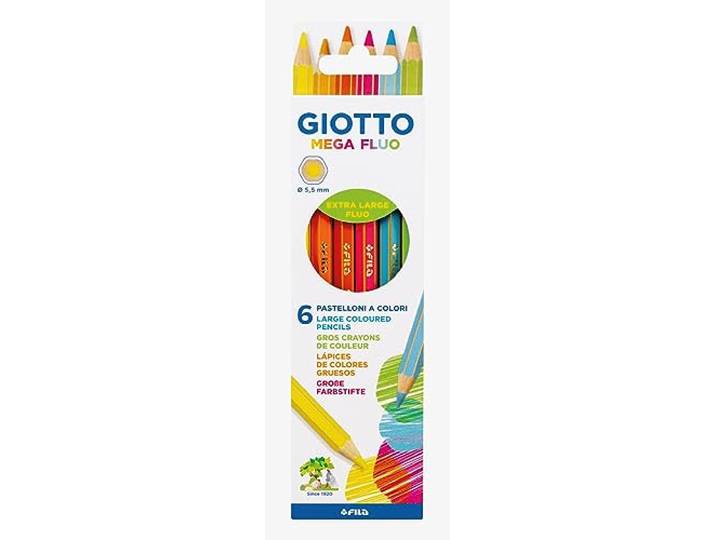 Giotto Mega kleurpotloden, dik, zeshoekig, vulling 5,5 mm, gesorteerde neonkleuren, 6 stuks