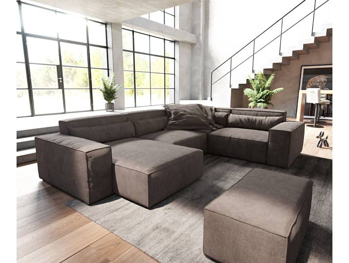 Wohnlandschaft Sirpio 300x210 cm Mikrofaser Khakibraun Recamiere variabel mit Hocker, Wohnlandschaften