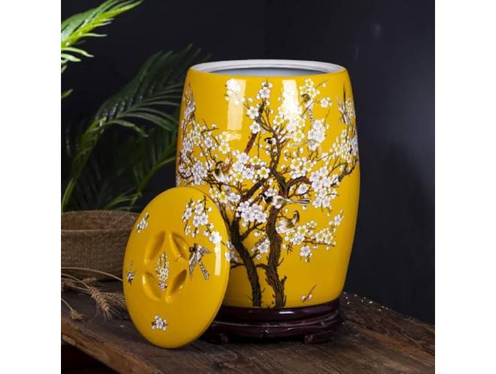 YCBTPS Keramik Aufbewahrung Box Für Reis, 5kg 10kg Mehl Vorratsglas, 15kg 25kg Reisbehälter Mit Deckel, Mehlkübel Aus Keramik, Lebensmittelzylinder(Yellow,Capacity15KG)
