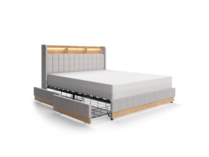 Vitalispa Polsterbett Nura , Grau 160x200 cm mit 4 Schubladen, mit USB-Ladeanschluss, LED-Beleuchtung und Fernbedienung