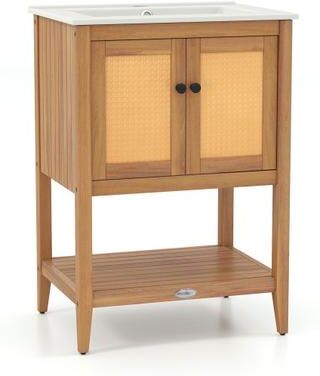 Costway Bathroom Vanity with Ceramic Sink 2 Rattan Doors and Slatted Shelf