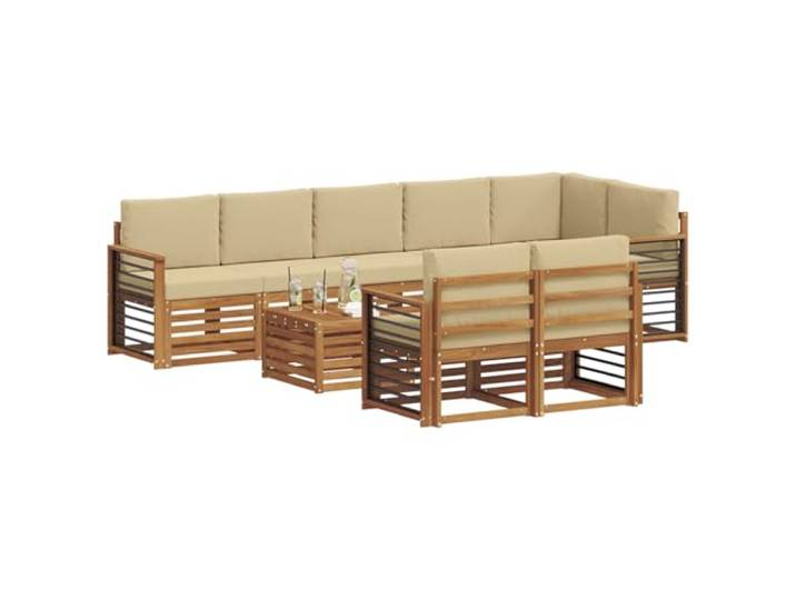 KTHLBRH 9-teiliges Sofaset Natur und Beige aus massivem Akazienholz Modular, Lattenrost-Design, abnehmbare Kissen, Schaumstoff, Verwendung im Freien