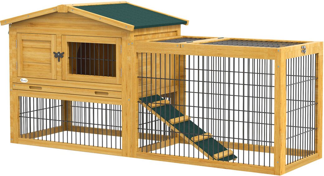 PawHut Rabbit Hutch Wooden Guinea Pig Hutch with Run & Tray Yellow 172.72cm H X 381cm W X 133.35cm D
