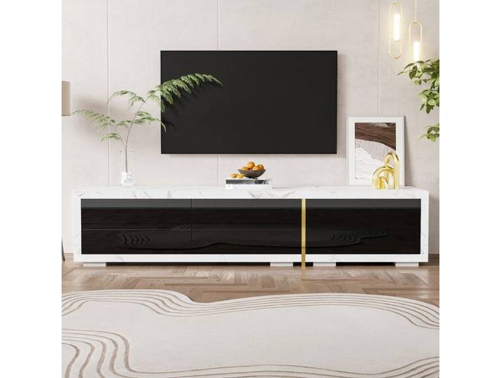 Meuble TV longueur réglable (140-260 cm) avec espace de rangement rotatif multi-angles texture marbre - Noir
