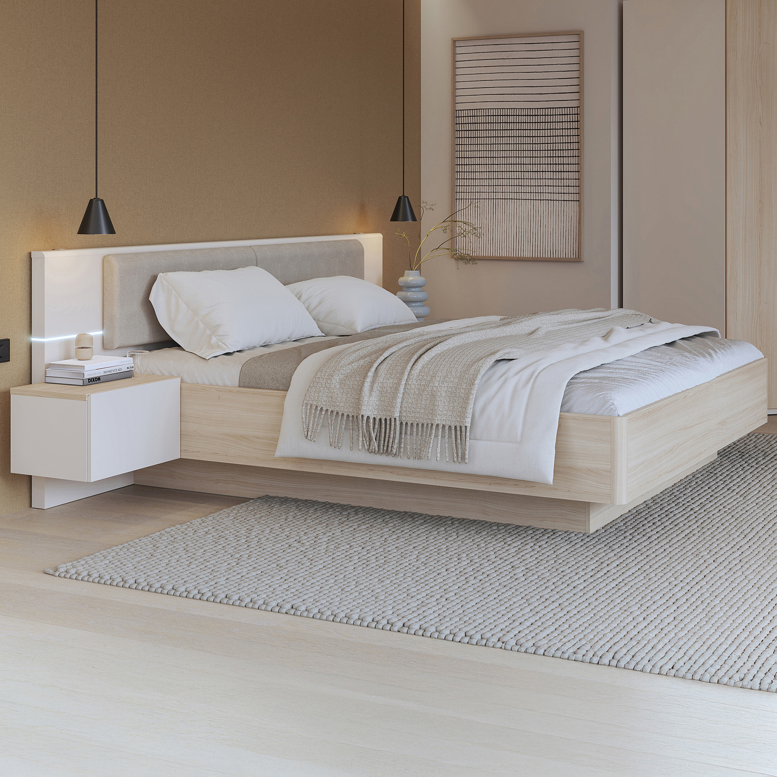 home24 Bed met lades en verlichting bruin/beige B: 180 cm, D: 200 cm