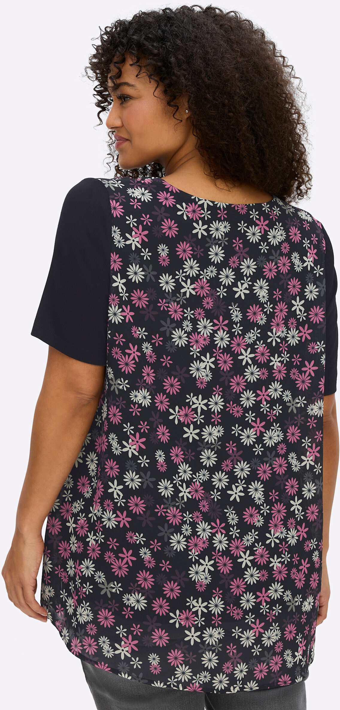 Longbluse SHEEGO "Tunika Tunika im Lagenlook, mit Chiffon-Body", Damen, Gr. 48, bunt (schwarz, altrosa, bedruckt), Chiffon, Jersey, , Modisch, Rundhals, Blusen Longbluse