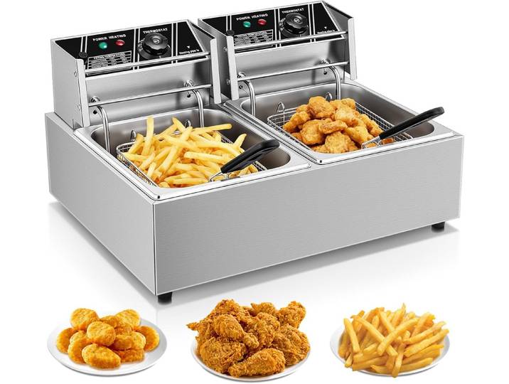 FOHERE Kaltzonenfritteuse Fritteuse mit Fettauffangbehälter, 21,6L große Doppelfritteuse mit Frittierkorb, 3400 W