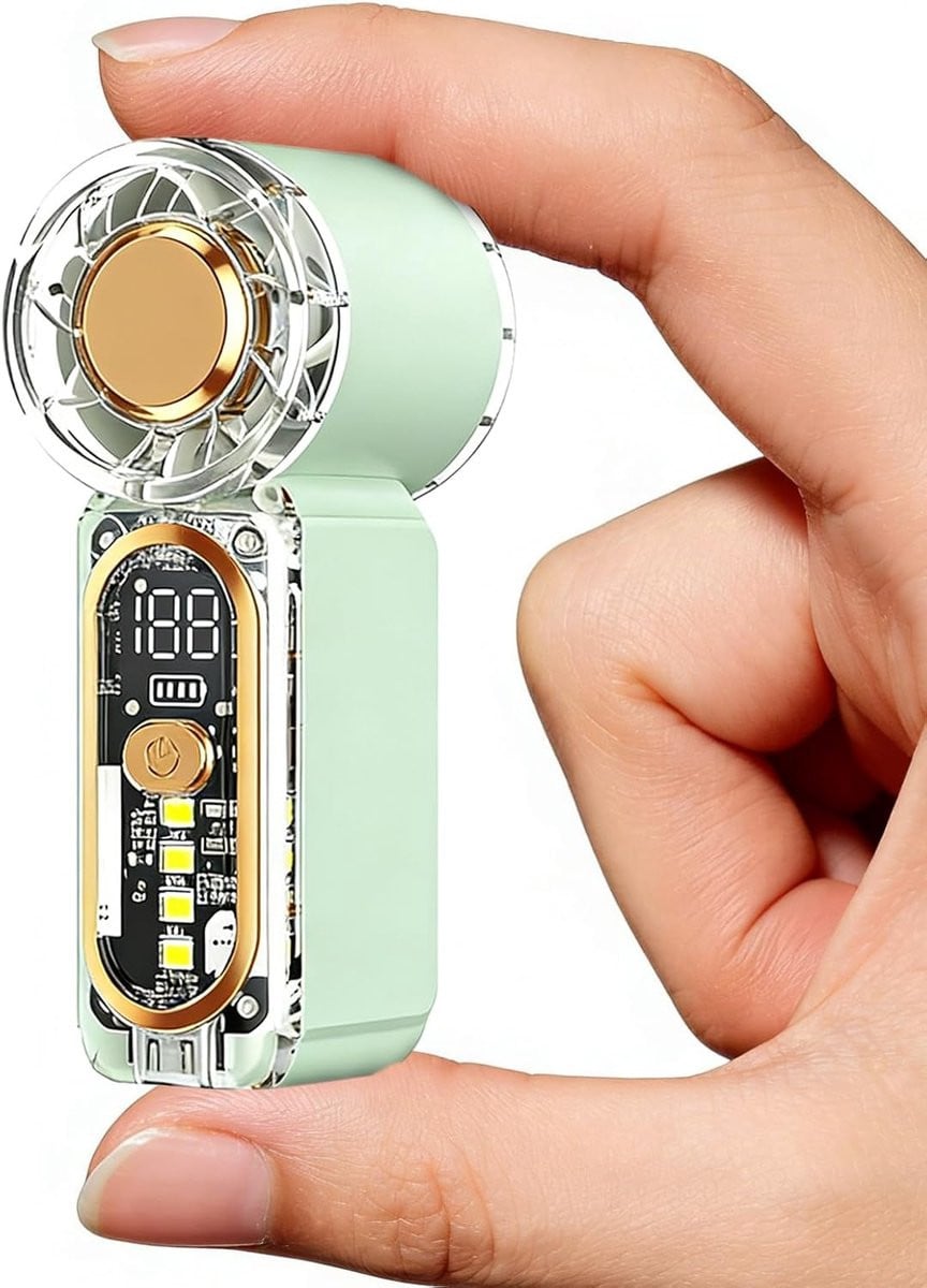 Mini handventilator met 100 instelbare snelheden, USB-C oplaadbaar en digitaal display, groen
