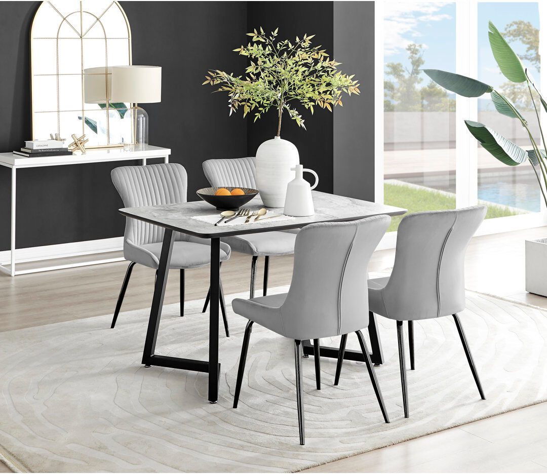 Canora Grey White & Grey Marble Effect Melamine Dining Table and Chairs - 4 Luxury Velvet Dining Chairs Light Grey/Black 4