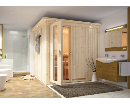 Elementsauna Karibu Rodina ohne Ofen mit Dachkranz und Holztüre mit Isolierglas wärmegedämmt