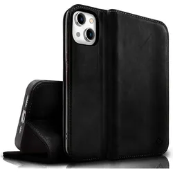 Nalia Echt Leder Flip Case Hülle mit Magnetverschluss (Apple iPhone 15 Plus), Smartphone Hülle, Schwarz