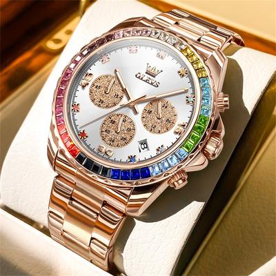 Fashion Sheath OLEVS Rainbow Gemstone Bezel Quartz Watch rose Gold White