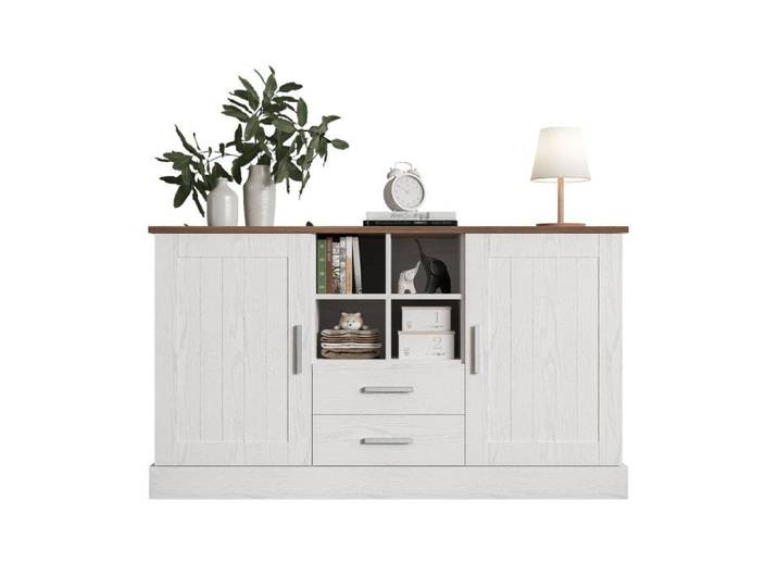Buffet bois blanc et brun 140x40x79 5 cm avec 2 portes et 2 tiroirs fonctionnels