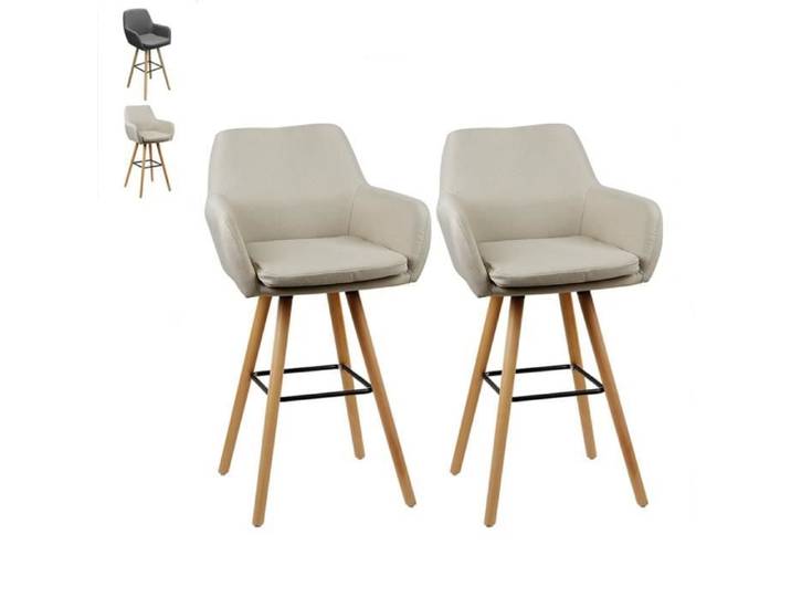 Tabouret de Cuisine - OHMG - Pieds en Chêne Massif - Lot de 2 - Avec Accoudoirs - Beige