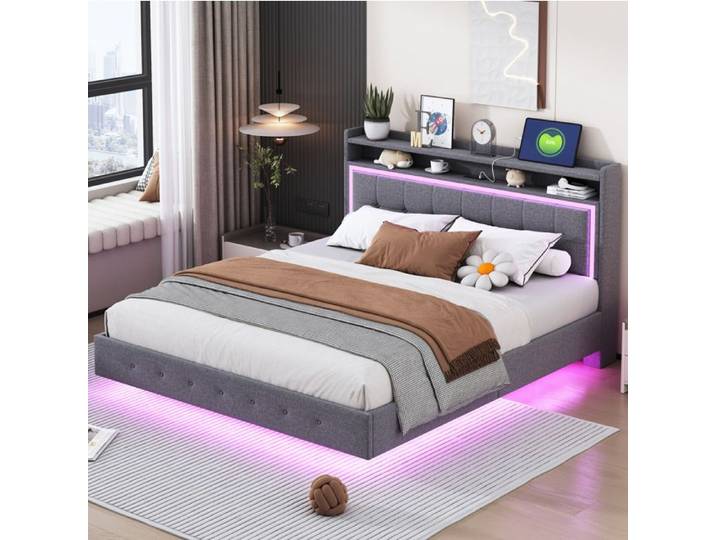 Lit Adulte 160×200cm - Prise USB - Lumière LED - Design Pieds Cachés - Lin Gris