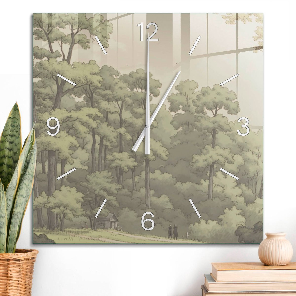 ArtPrintCave Groene Glazen Wandklok met Boslandschap - Vierkant - 60 x 60 cm