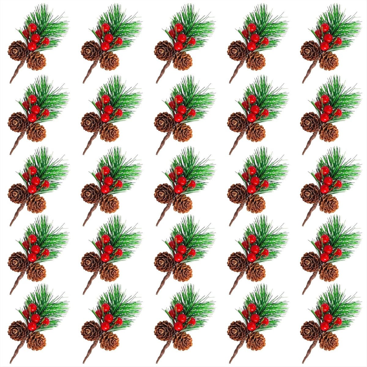 Set van 25 kunstdennentakken met rode bessen voor kerstdecoratie