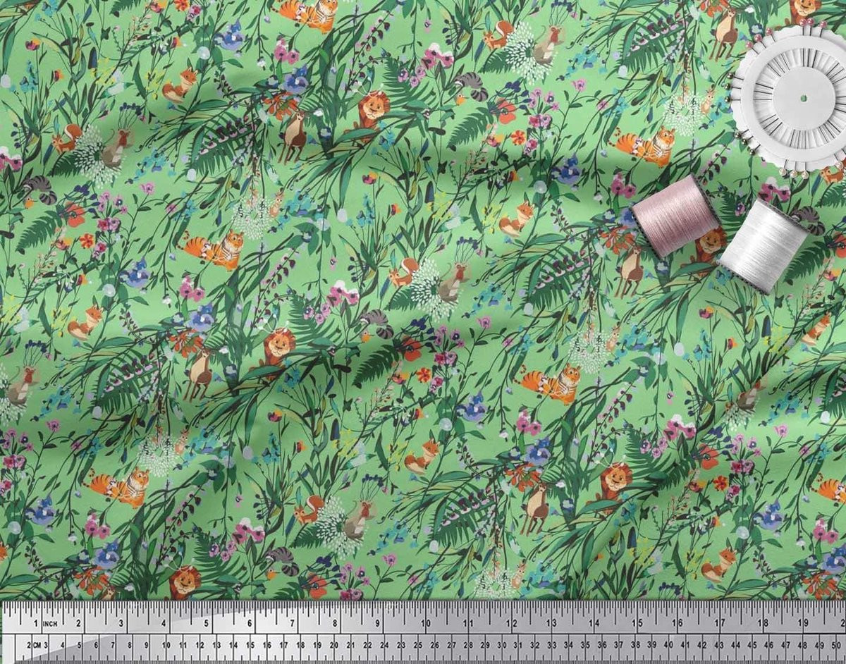 Mintgroene fluwelen stof met jungle print en 2-weg stretch voor kleding