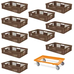 BRB 10 Euroboxen, 600x400x150 mm, lebensmittelecht, braun + Transportroller