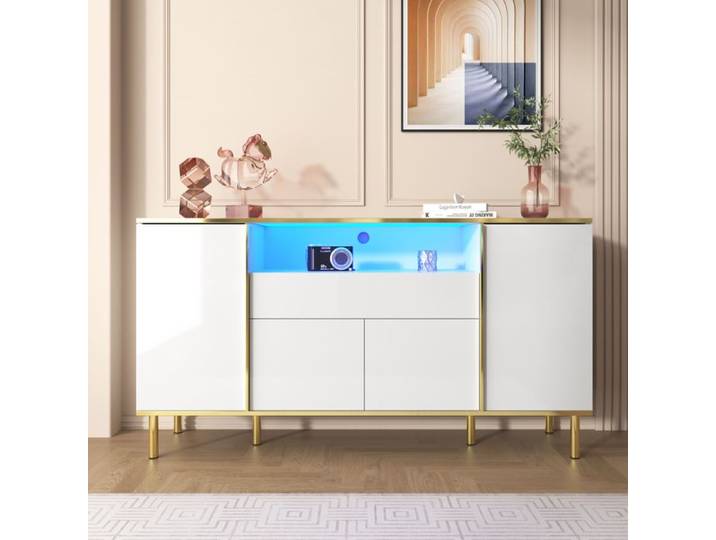 Buffet Salon Moderne avec Led Lumière Commode Blanche Brillante 1 Tiroir 4 Portes 150x40x80cm