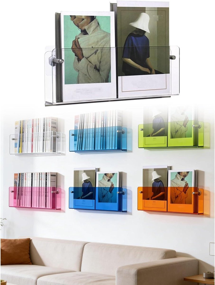 Transparant wandgemonteerd tijdschriftenrek en boekenorganisator met een lengte van 120 cm