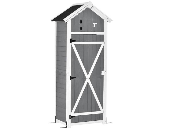 Outsunny Gartenschrank aus Holz, Gerätehaus mit Tür Dach, Geräteschuppen mit Hacken, Grau, Dunkelgrau, 52.5x182x78 cm, Gartenzubehör, Geräteschuppen