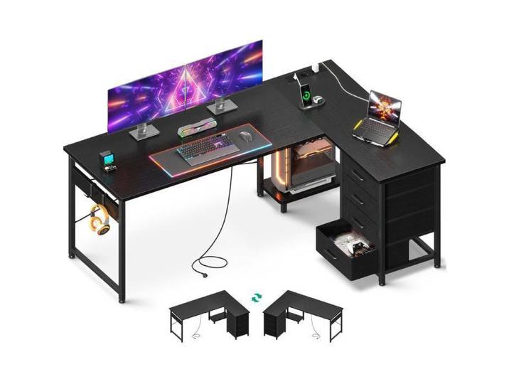 Bureau d'Angle avec 4 Tiroirs Coleshome Bureau en L Réversible avec Prises/USB pour Domicile 155x110cm Noir