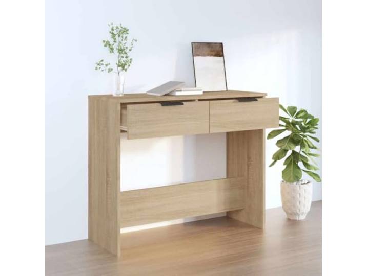 HKLGBVCR Konsolentisch, Sonoma-Eiche, 90 x 36 x 75 cm, Holz 2 Schubladen, Eingangsbereich, geräumige Oberfläche, Wandbefestigung inklusive