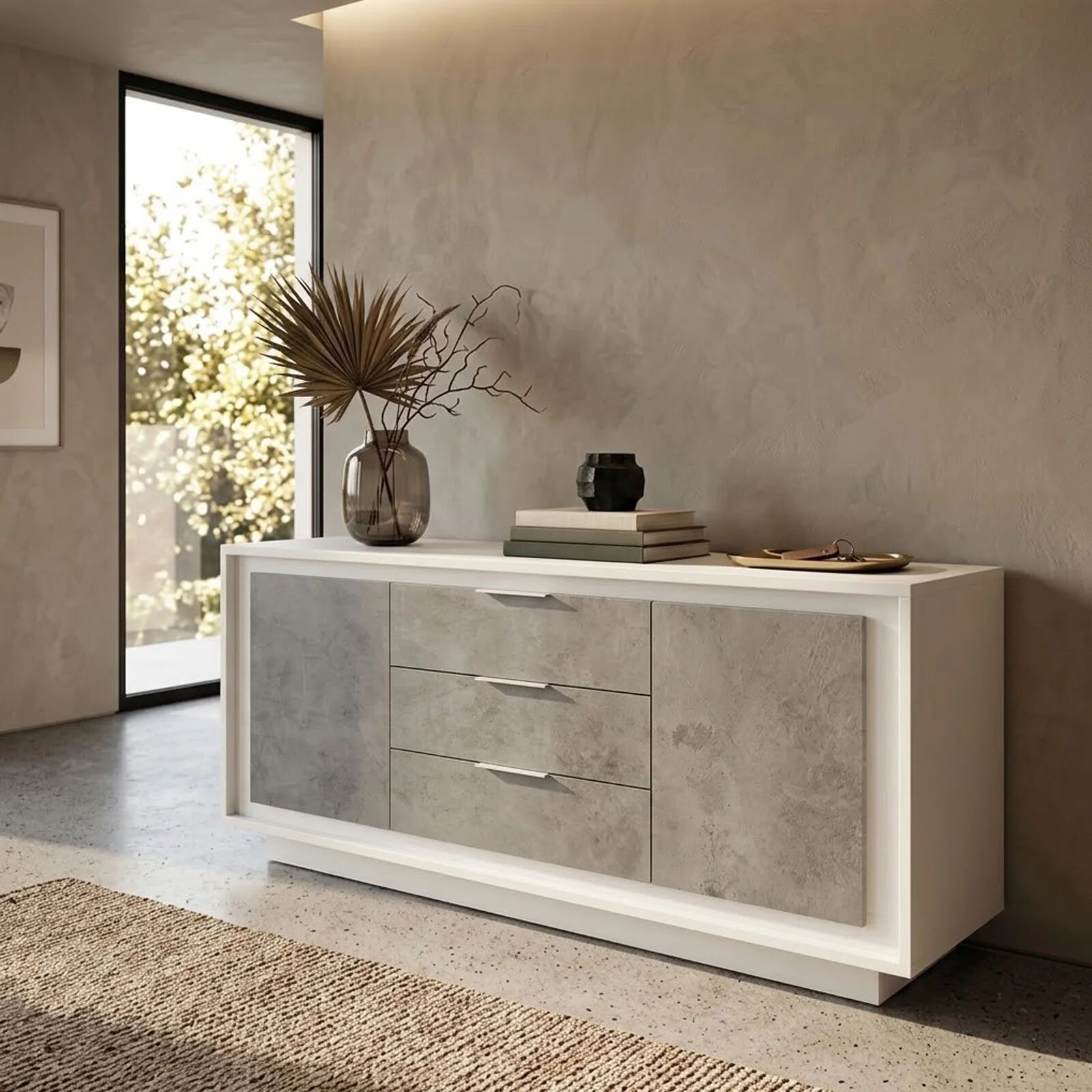 garneroarredamenti Madia 180x80h cm 3 cassetti 2 ante moderna bianco opaco grigio cemento Deluxe