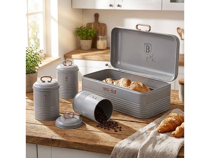 Brotkasten und Küchendosen-Set, grau-roségold