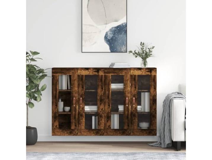 RJPLMFV Wandschränke, 2 Stück, rauchfarbene Eiche, Holz Glastür, Hängeaufbewahrung, Wandbefestigung, vielseitig für Wohnzimmer und Eingangsbereich