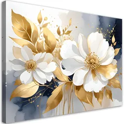 BILD auf Leinwand, Weiße Blumen und goldene Blätter