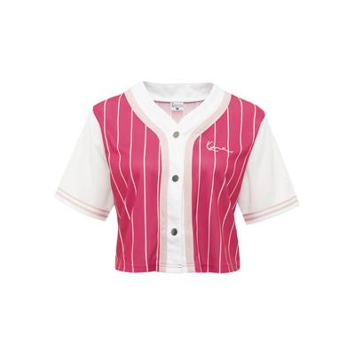 Langarmhemd KARL KANI "Karl Kani Chest Signature Pinstripe Short Baseball Shirt", Herren, Gr. XS, US-Größen, pink, 100% Polyester, normal, Hemden