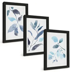 BILDER SET 3er Set - 20x30 cm Schwarzer Rahmen - Aquarell von blauen Blättern