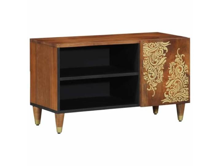 GHVBNMF TV-Schrank Massivholz Mango Fernsehtisch 80x33x46 cm Honigbraun Kompakte TV-Bank im Retro-Look für das Wohnzimmer, mit edlen Messingbeinen und praktischem Fach hinter der Scharniertür.
