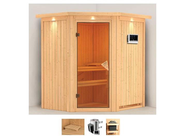 Sauna KARIBU Tomke , beige (naturbelassen), Saunaofen, externe Steuerung, 3,6 kW, Saunen, Sauna, Ofen 3,6 kW externe Strg.easy