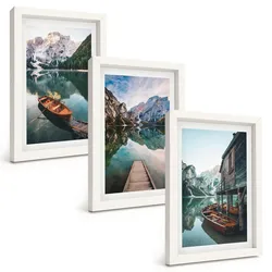 BILDER SET 3er Set - 20x30 cm Weißer Rahmen - See, Berge, Boote, Ferienhaus