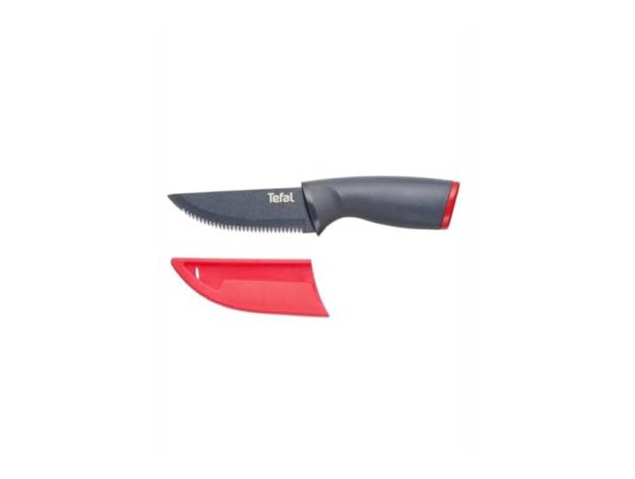 Tefal K12208 Fresh Kitchen Steakmesser 11 cm Klinge aus Edelstahl mit titanverstärkter Antihaftbeschichtung ergonomischer Griff inkl. farbiger Schutzhülle spülmaschinenfest Schwarz/Rot
