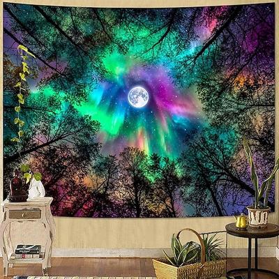 Wandteppich mit Nordlichtern, Vollmond, Waldmotiv, ästhetischer Galaxien-Nachthimmel für Schlafzimmer, Wohnzimmer, Yogaraum, Meditationsraum