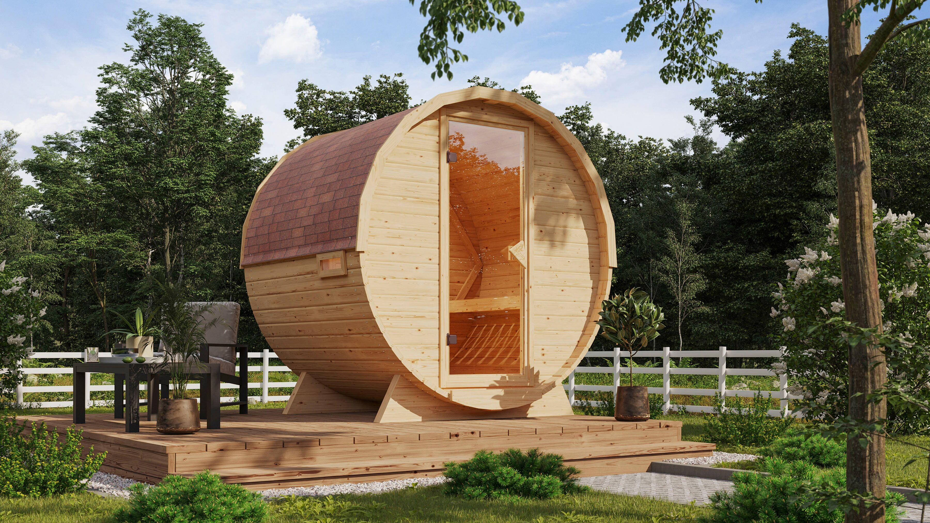 Fasssauna KARIBU "naturbelassen mit Ofen 9 kW integr. Strg.", beige (naturbelassen), Saunaofen, (ohne Ofen), Saunen, Fasssauna, Ofen 9 kW integr. Strg
