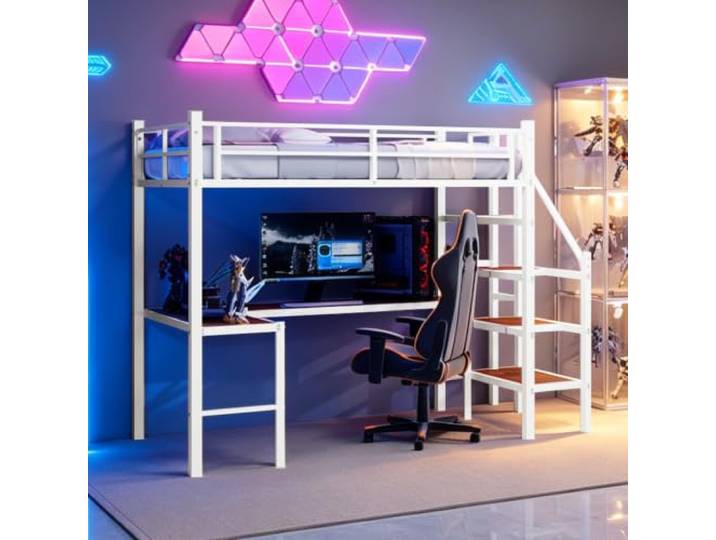 FAVSH Hochbett 90x190 cm mit Treppe, Schubladen und Regalen, stabiles Metallbett mit LED-Beleuchtung und Sicherheitsgeländer, platzsparendes Kinderbett für Erwachsene und Jugendliche, Weiß