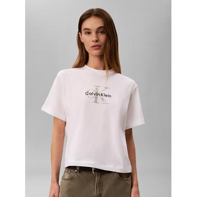 T-Shirt CALVIN KLEIN JEANS "BOXY HAND DRAWN MONOLOGO TEE", Damen, Gr. XS, weiß (hellweiß), Web, Obermaterial: 100% Baumwolle, unifarben, regular fit taillenbedeckt, Rundhals, eingesetzt abgesteppte Kante, Shirts T-Shirt, Regular fit, Logoschriftzug