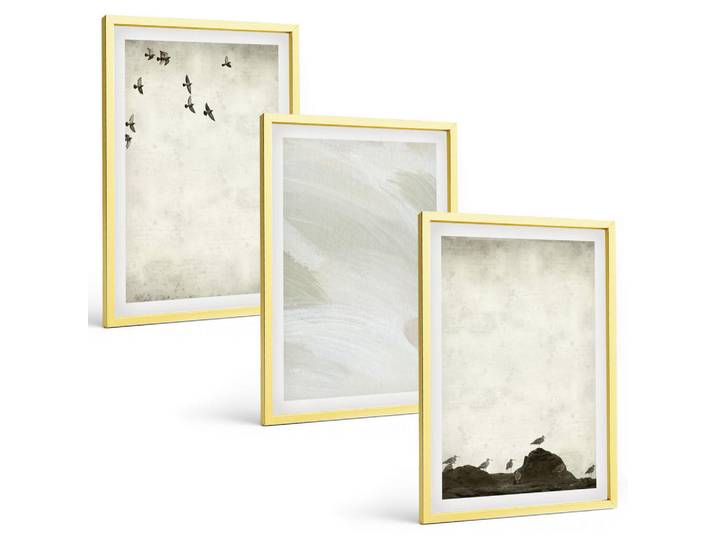 Tulup Bilder SET 3er Set - 40x60 cm Goldrahmen - Vögel, Steine, Pinselstriche, Verzierungen, Goldfarben, Kunststoff, Rechteckig, 40x60 cm, Fotografie, Bilder & Rahmen, Bilder