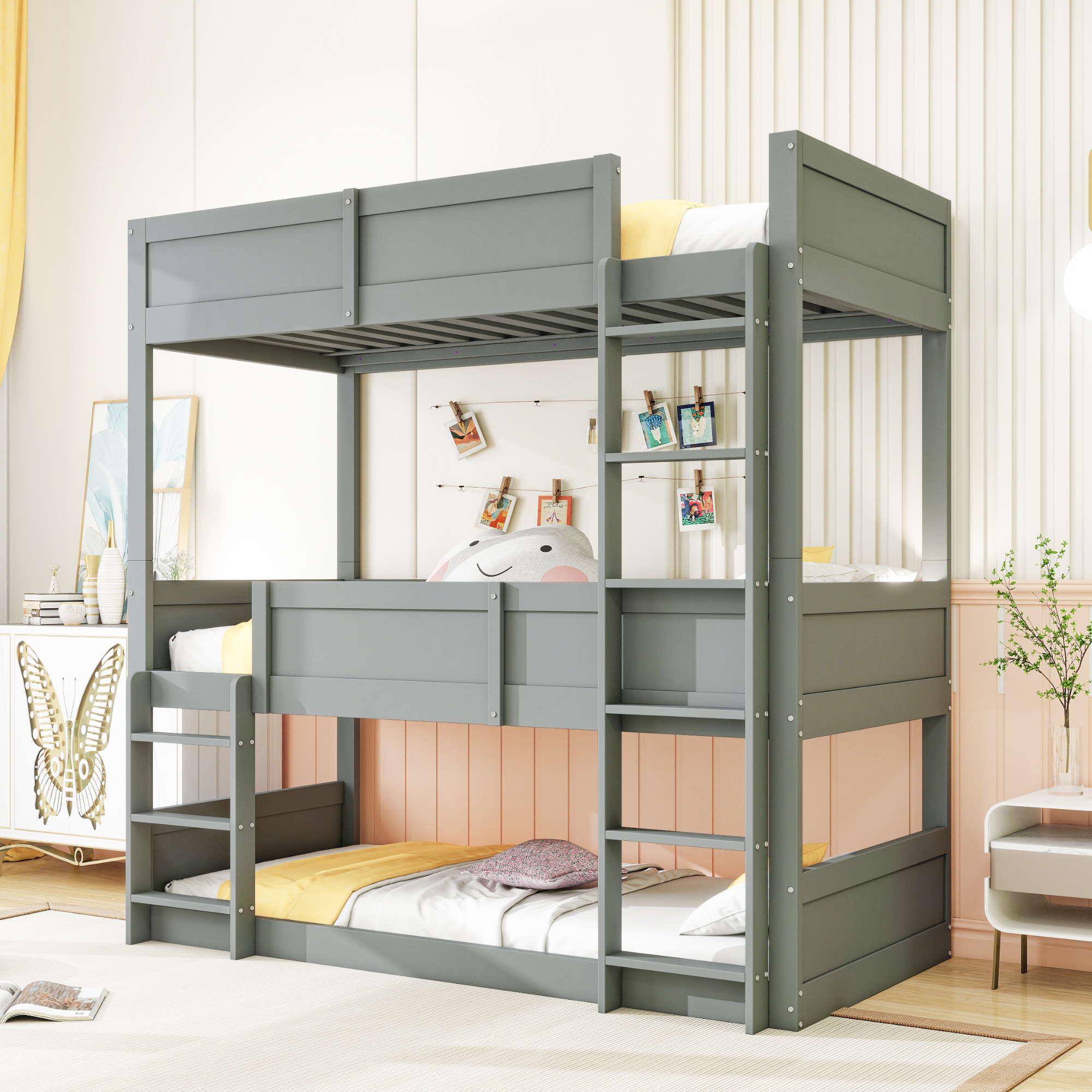 Merax Etagenbett 90x200cm Dreifachbett mit Lattenrost, Hochbett mit Rausfallschutz, Holzbett Abnehmbares Dreifachbett Jugendbett, Grau