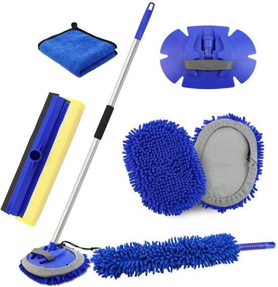 Blauwe telescoop reinigingsborstel met aluminium steel en microvezel kop, 160 cm