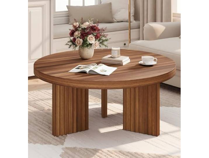 GarveeHome 85cm Runder Couchtisch, Kaffeetisch Mit Kannelierten Beinen, Beistelltisch Mit 3 cm Dicken Tischplatte, Für Wohnzimmer, 85 x 85 x 40 cm
